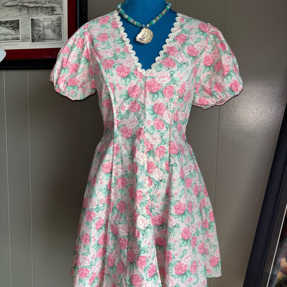 MABLE Pink and White Pleated Sundress with Puff Sleeves